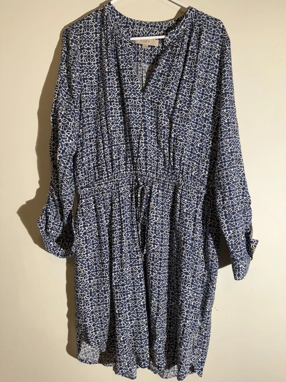 LOFT Blue White Geometric Mosaic V-Neck Drawstring Waist Shirt Dress | L - Picture 3 of 4